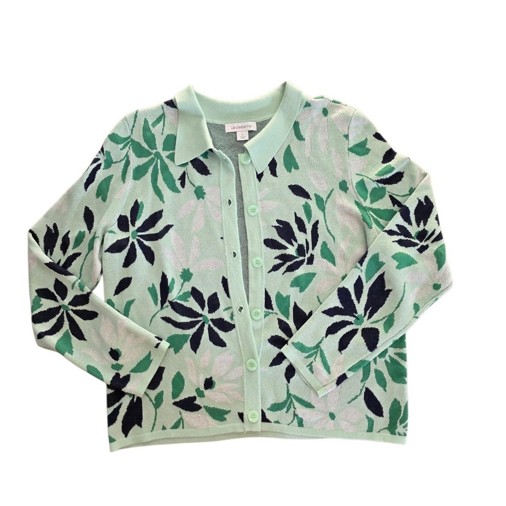 Liz Claiborne Mint Green Floral Button Front Cardigan Sweater w/ Collar Large